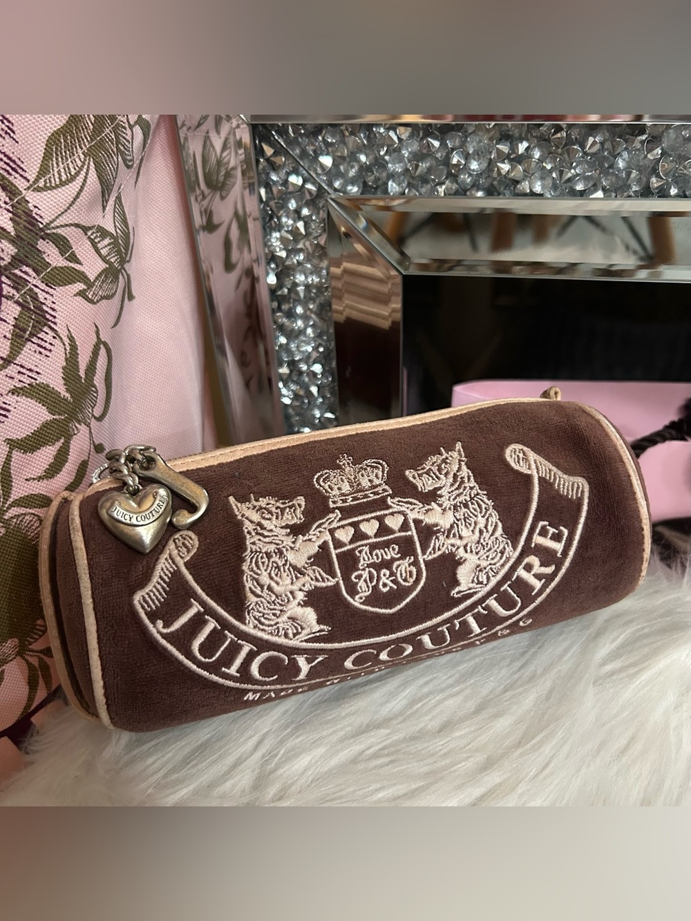 Vintage 2004 Juicy Couture Brown Velour Pink Leather Barrel Cosmetic Tootsie Bag